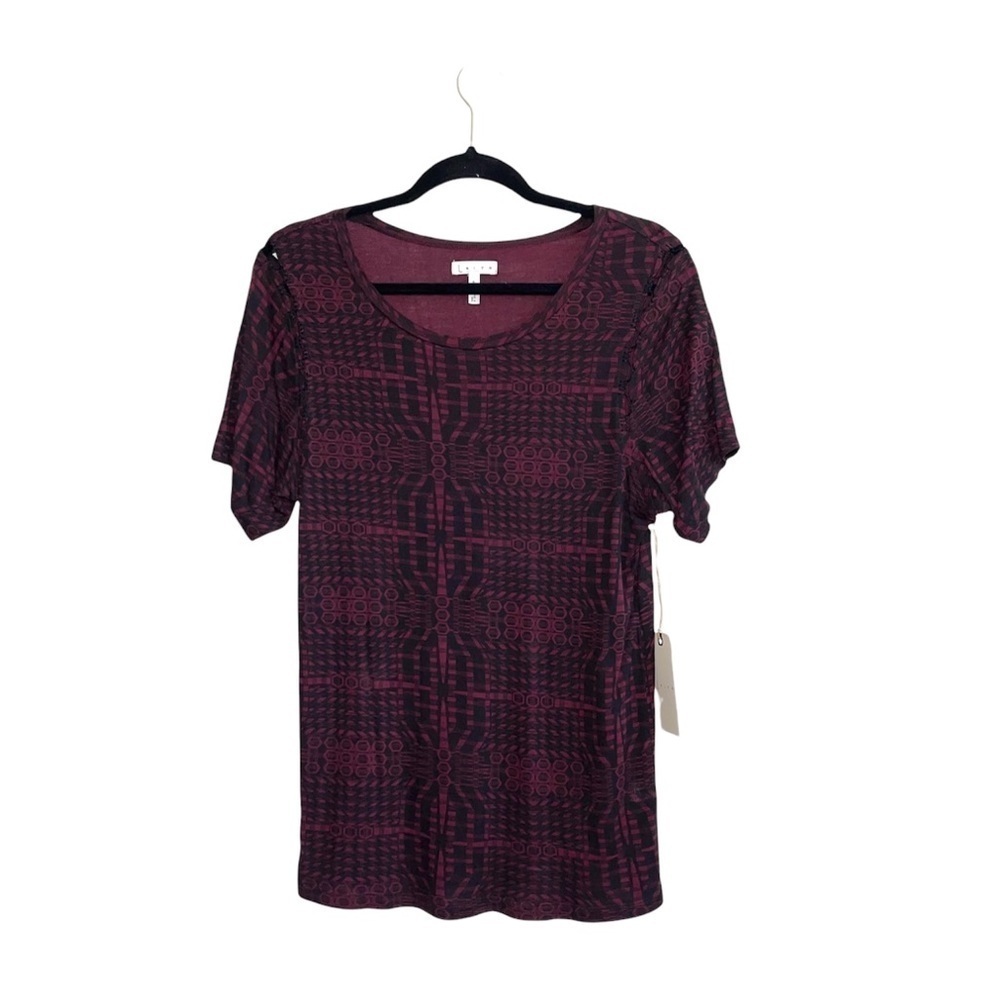 Leith NWT Dark Red & Black Printed Lattice Short Sleeve Top Medium Women’s